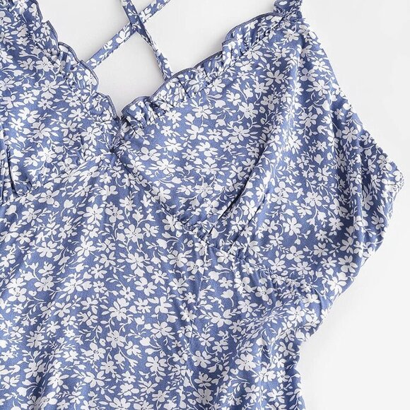 Women's Floral Mini Dress Spaghetti Strap V-Neck Ruffled A-Line Summer - Picture 6 of 6